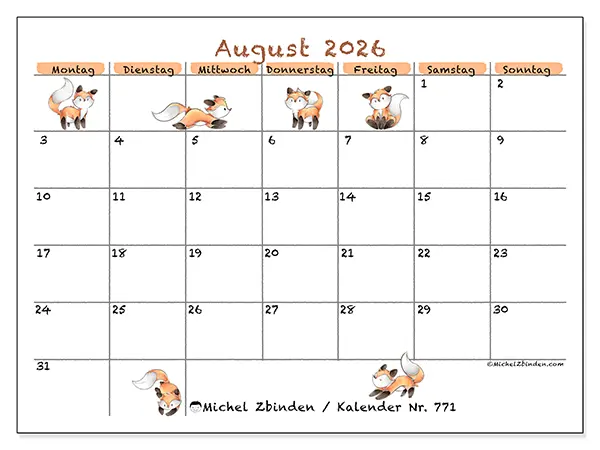 Kalender August 2026 zum Ausdrucken - Fuchszeichnungen