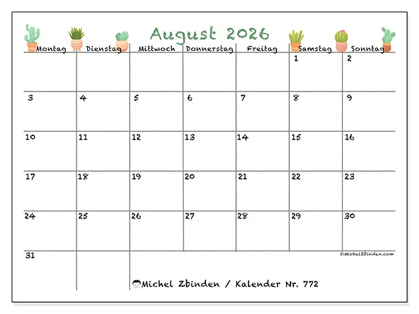 Kalender August 2026 zum Ausdrucken - Dekorative Kakteen