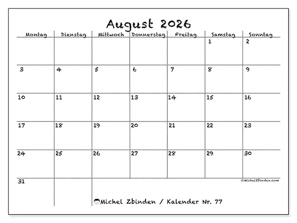 Kalender August 2026 zum Ausdrucken - Schule und Familie