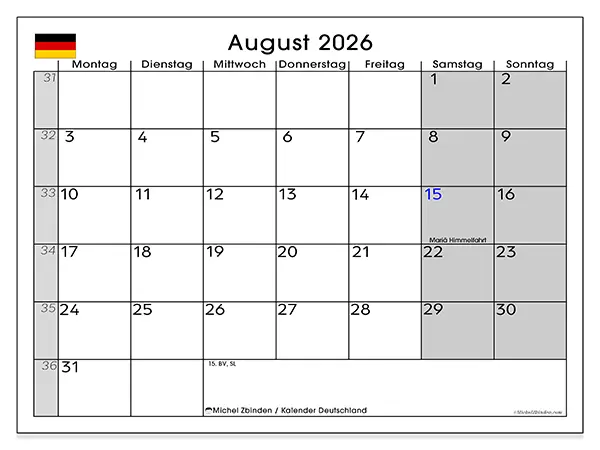 Kalender August 2026 zum Ausdrucken - Deutschland