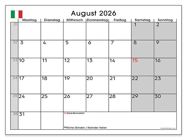 Kalender August 2026 zum Ausdrucken - Italien