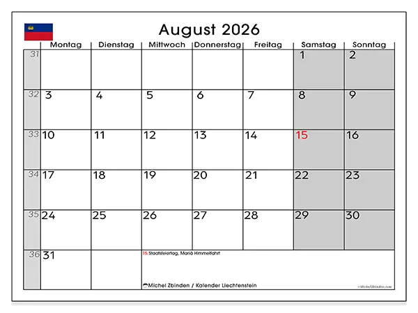 Kalender August 2026 zum Ausdrucken - Liechtenstein