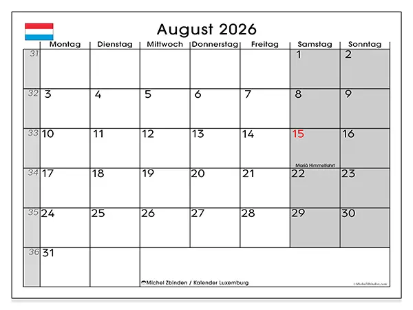 Kalender August 2026 zum Ausdrucken - Luxemburg