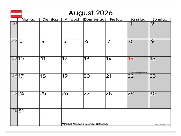 Kalender August 2026 zum Ausdrucken - Österreich