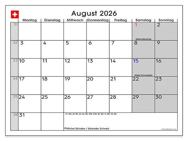Kalender August 2026 zum Ausdrucken - Schweiz