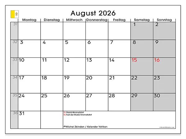 Kalender August 2026 zum Ausdrucken - Vatikan