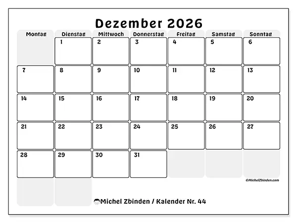 Kalender Dezember 2026 zum Ausdrucken - Strukturierte Planung