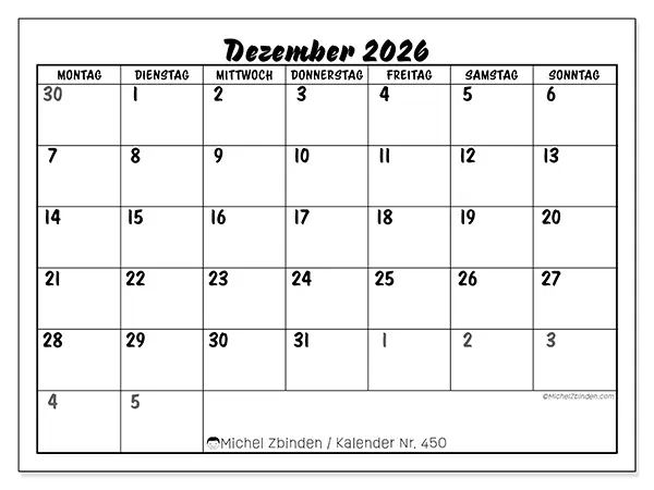 Kalender Dezember 2026 zum Ausdrucken - Detaillierte Schulplanung