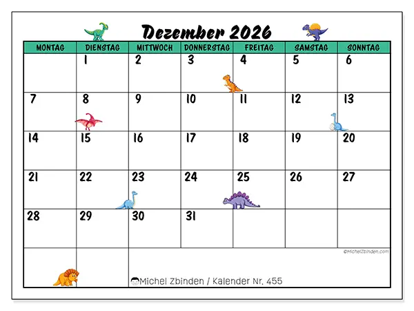 Kalender Dezember 2026 zum Ausdrucken - Kleine Dinosaurier