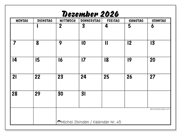 Kalender Dezember 2026 zum Ausdrucken - Schulischer Erfolg