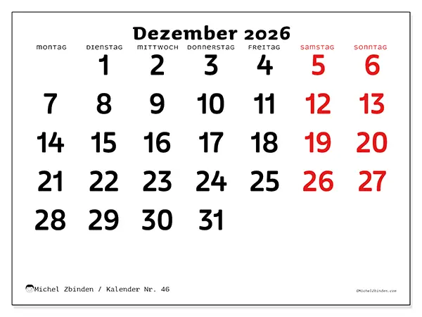 Kalender Dezember 2026 zum Ausdrucken - Klare Übersicht