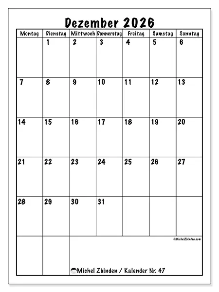 Kalender Dezember 2026 zum Ausdrucken - Planung im Hochformat