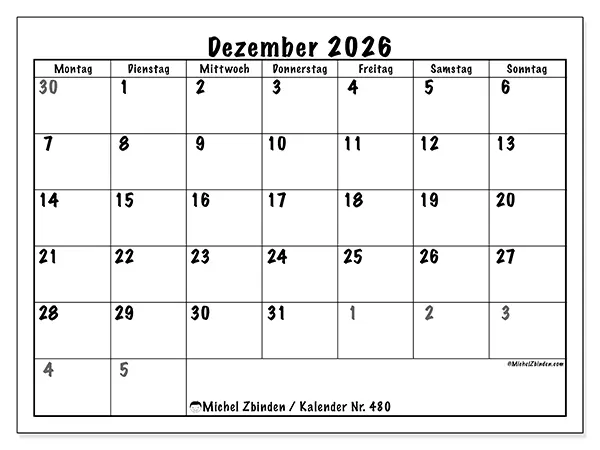 Kalender Dezember 2026 zum Ausdrucken - Vollständige Planung