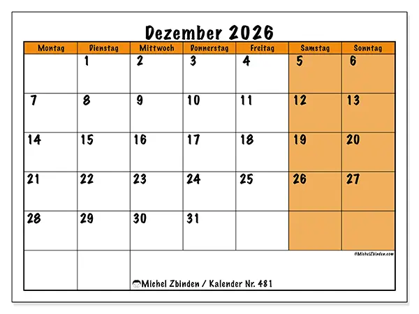 Kalender Dezember 2026 zum Ausdrucken - Dynamische Planung