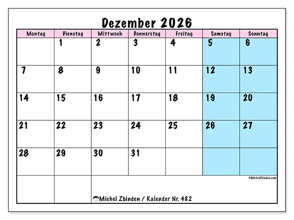 Kalender Dezember 2026 zum Ausdrucken - Teamzeitplan