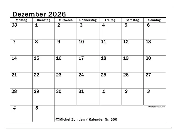 Kalender Dezember 2026 zum Ausdrucken - Intensive Planung