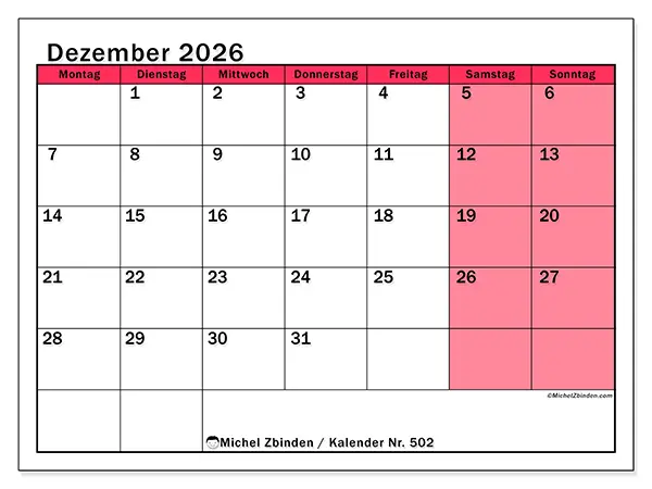 Kalender Dezember 2026 zum Ausdrucken - Helle Planung