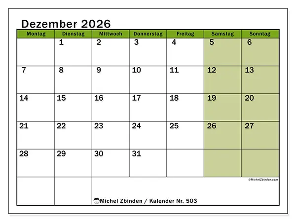 Kalender Dezember 2026 zum Ausdrucken - Naturakzente