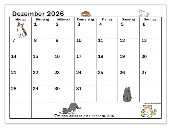 Kalender Dezember 2026 zum Ausdrucken - Katzenleben