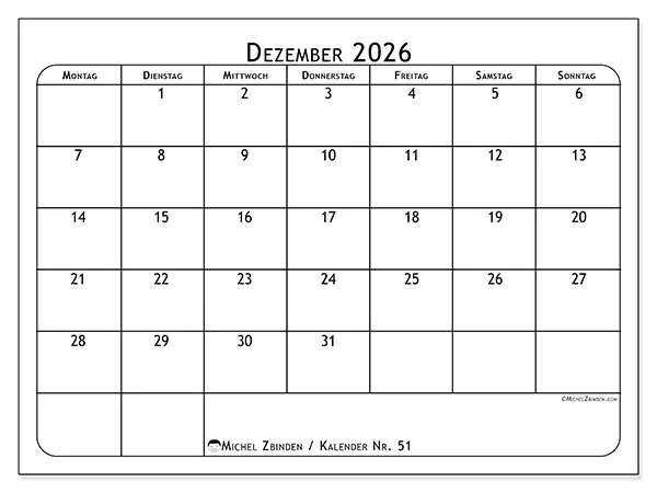 Kalender Dezember 2026 zum Ausdrucken - Essensplan