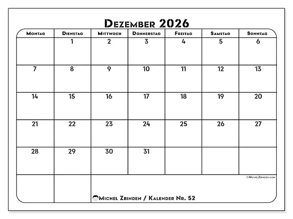 Kalender Dezember 2026 zum Ausdrucken - Berufliche Planung