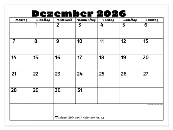 Kalender Dezember 2026 zum Ausdrucken - Aktivitäten in der Familie