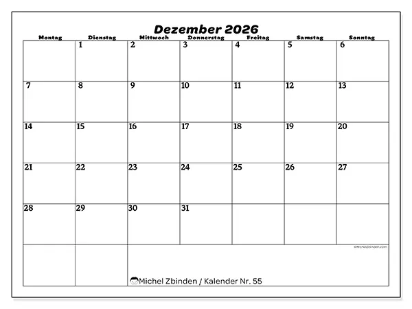 Kalender Dezember 2026 zum Ausdrucken - Freizeitorganisation