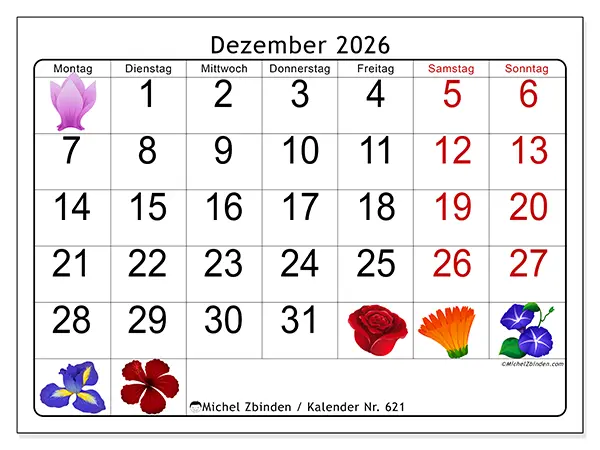 Kalender Dezember 2026 zum Ausdrucken - Große Blumen