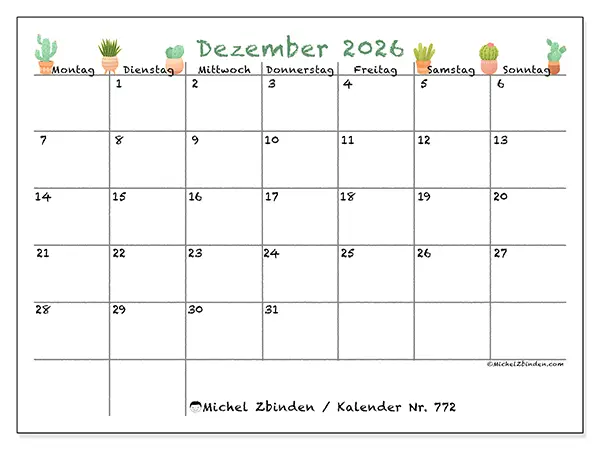Kalender Dezember 2026 zum Ausdrucken - Dekorative Kakteen