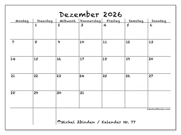 Kalender Dezember 2026 zum Ausdrucken - Schule und Familie