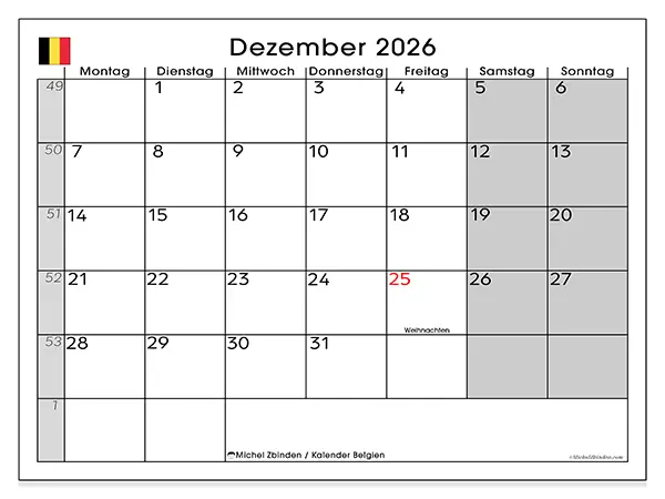 Kalender Dezember 2026 zum Ausdrucken - Belgien