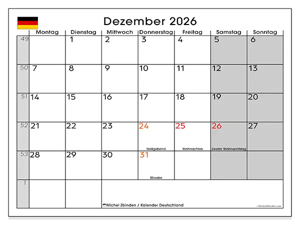 Kalender Dezember 2026 zum Ausdrucken - Deutschland