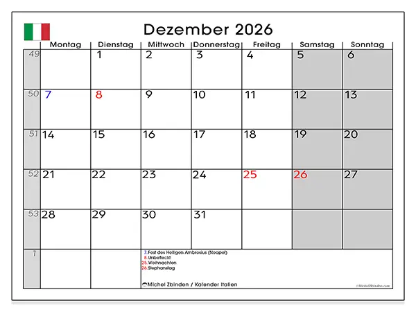 Kalender Dezember 2026 zum Ausdrucken - Italien