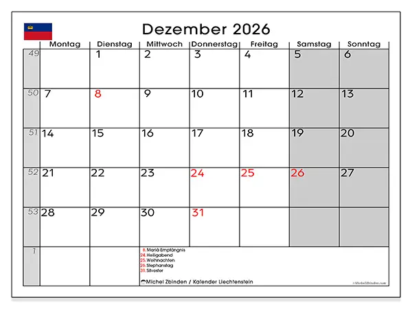 Kalender Dezember 2026 zum Ausdrucken - Liechtenstein