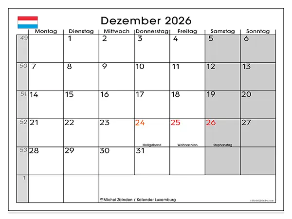 Kalender Dezember 2026 zum Ausdrucken - Luxemburg