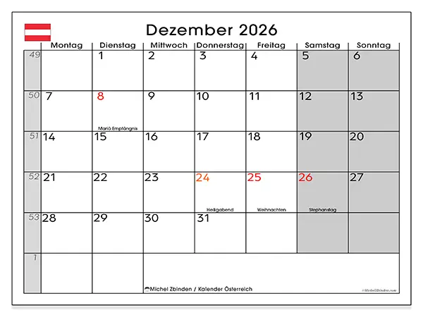 Kalender Dezember 2026 zum Ausdrucken - Österreich
