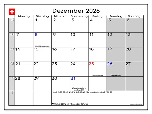 Kalender Dezember 2026 zum Ausdrucken - Schweiz