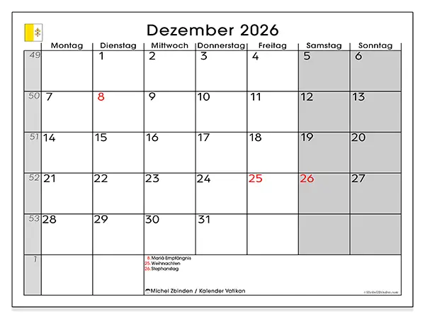 Kalender Dezember 2026 zum Ausdrucken - Vatikan
