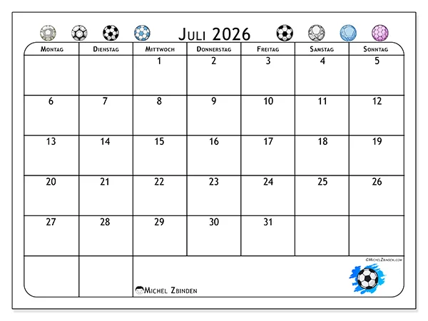 Kalender Juli 2026 zum Ausdrucken - Fußballleidenschaft