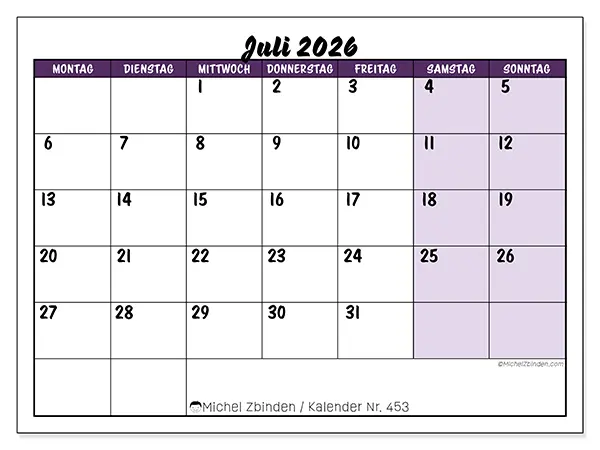 Kalender Juli 2026 zum Ausdrucken - Farbige Lernplanung