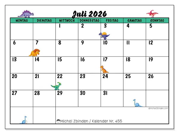 Kalender Juli 2026 zum Ausdrucken - Kleine Dinosaurier