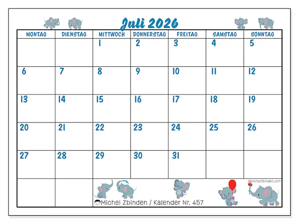 Kalender Juli 2026 zum Ausdrucken - Kleine Elefanten