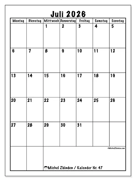 Kalender Juli 2026 zum Ausdrucken - Planung im Hochformat