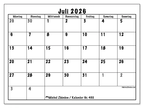 Kalender Juli 2026 zum Ausdrucken - Vollständige Planung