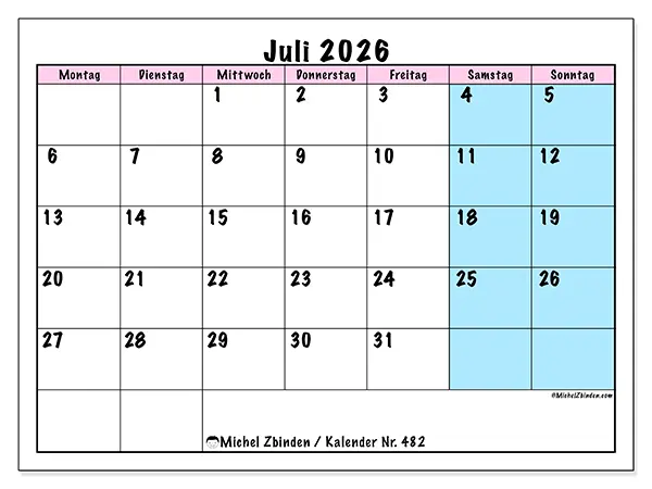 Kalender Juli 2026 zum Ausdrucken - Teamzeitplan