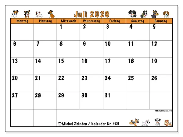 Kalender Juli 2026 zum Ausdrucken - Begeisterte Hunde
