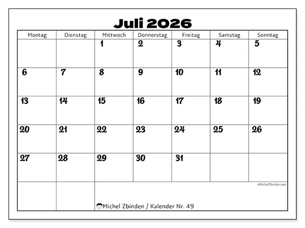 Kalender Juli 2026 zum Ausdrucken - Koordination im Arbeitsstil