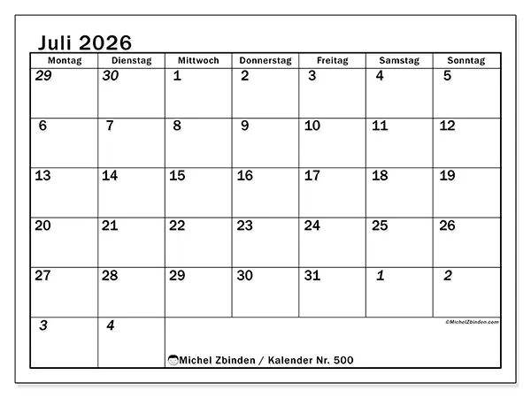 Kalender Juli 2026 zum Ausdrucken - Intensive Planung