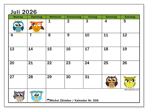 Kalender Juli 2026 zum Ausdrucken - Lustige Eulen