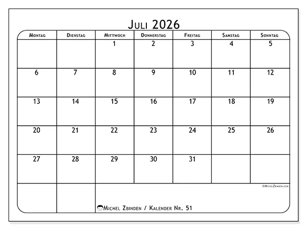 Kalender Juli 2026 zum Ausdrucken - Essensplan